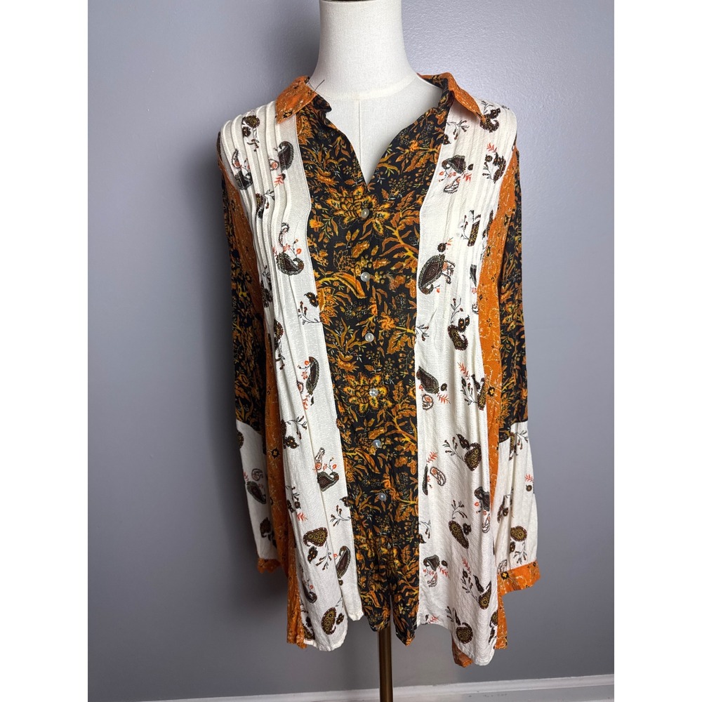 Jane + Delancey Tunic Women L Orange Excellent Mixed Print Pintuck Boho Shirt